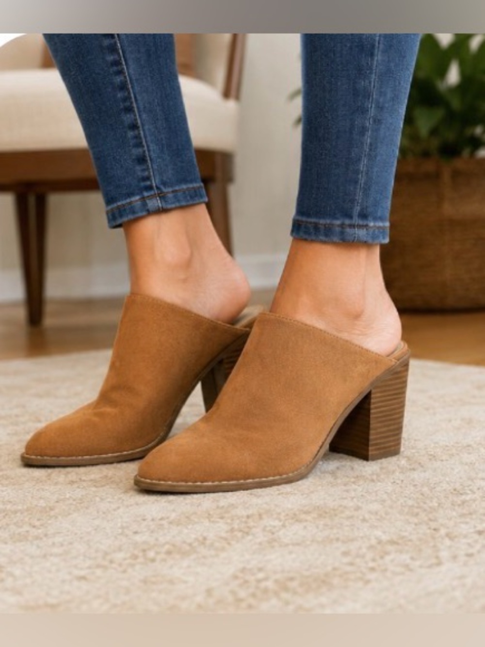 Old Navy Tan Suede Mule Booties Block Heel Slip On Size 8